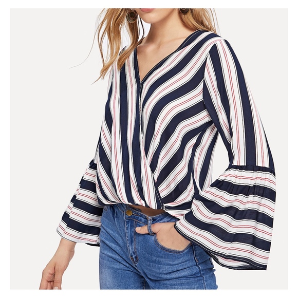 MBM Unlimited Tops - Blue White Striped Long Sleeve Wrap Blouse